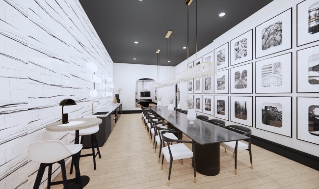 Access to resident only features large seating area with table and photographers on the wall