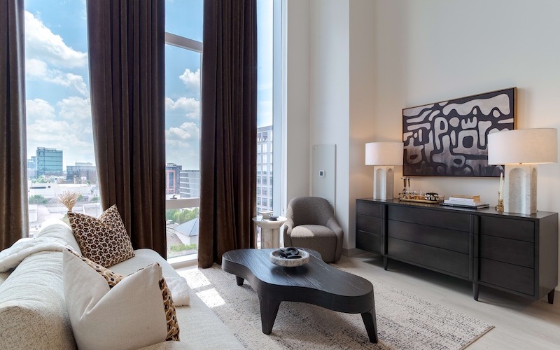 living room with curtains with city view